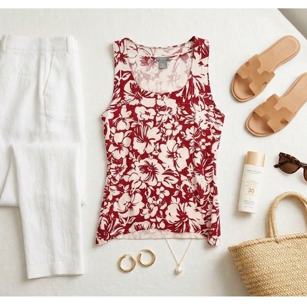 Ann Taylor Silk Blend Sleeveless Blouse Hibiscus Floral Print MP Resort Wear